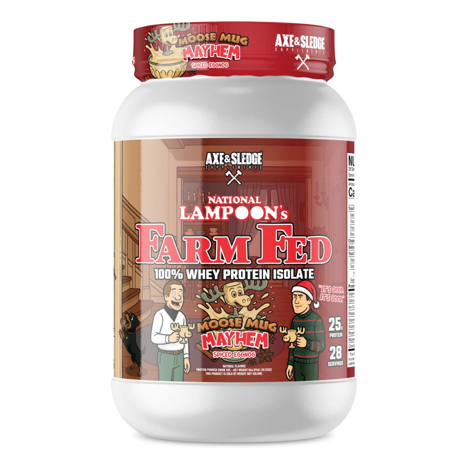 Protein supplement container with 'National Lampoon's Farm Fed' branding on a white background