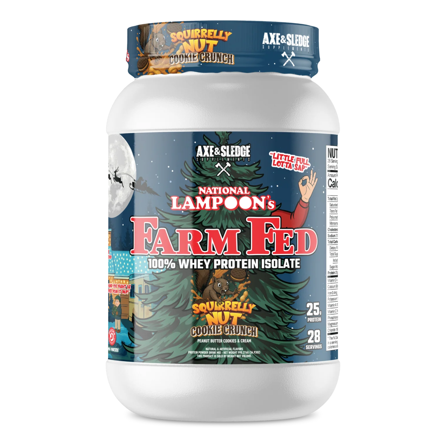 Protein powder container with colorful label featuring 'National Lampoon's Farm Fed' branding.
