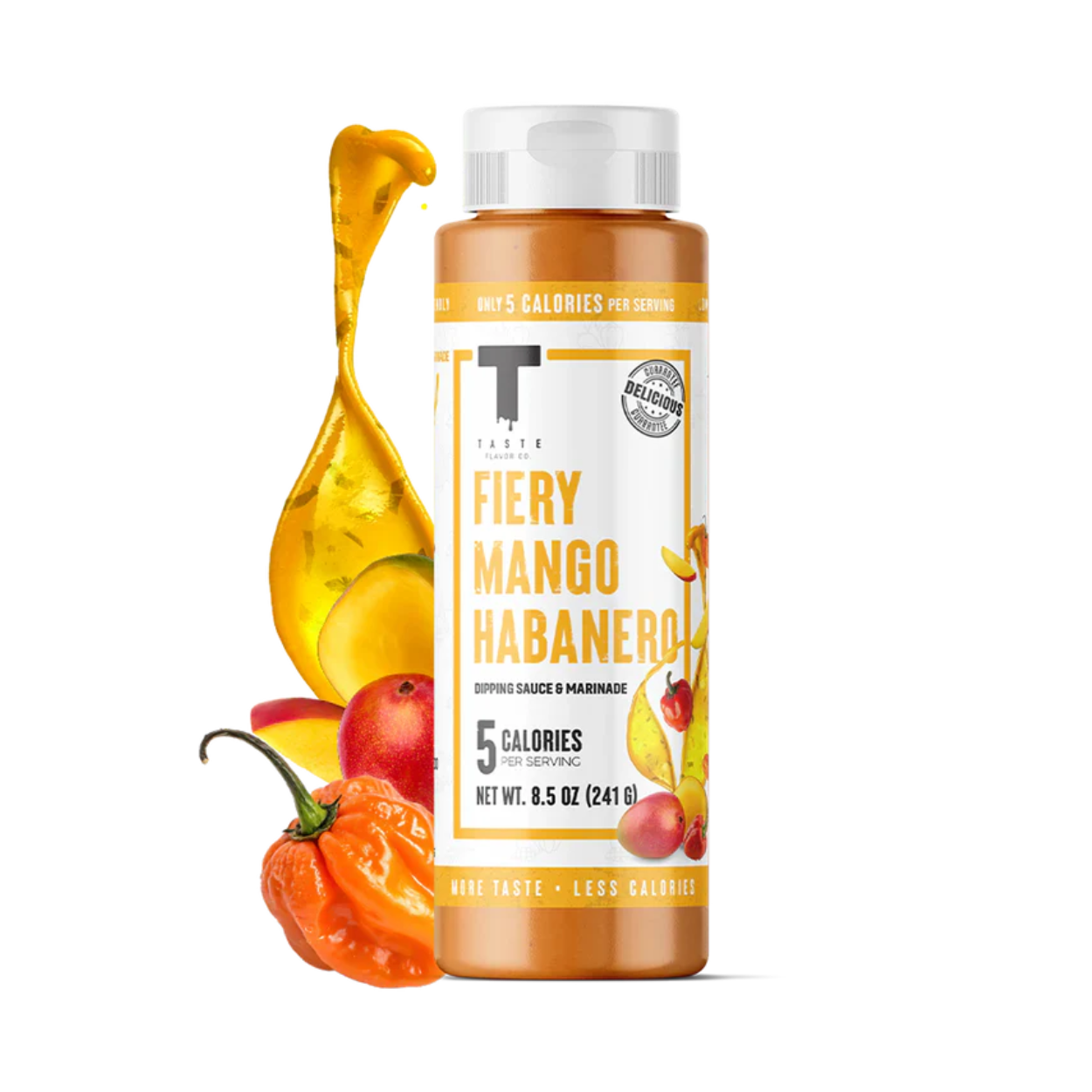 Fiery Mango Habanero sauce bottle with ingredients on a white background